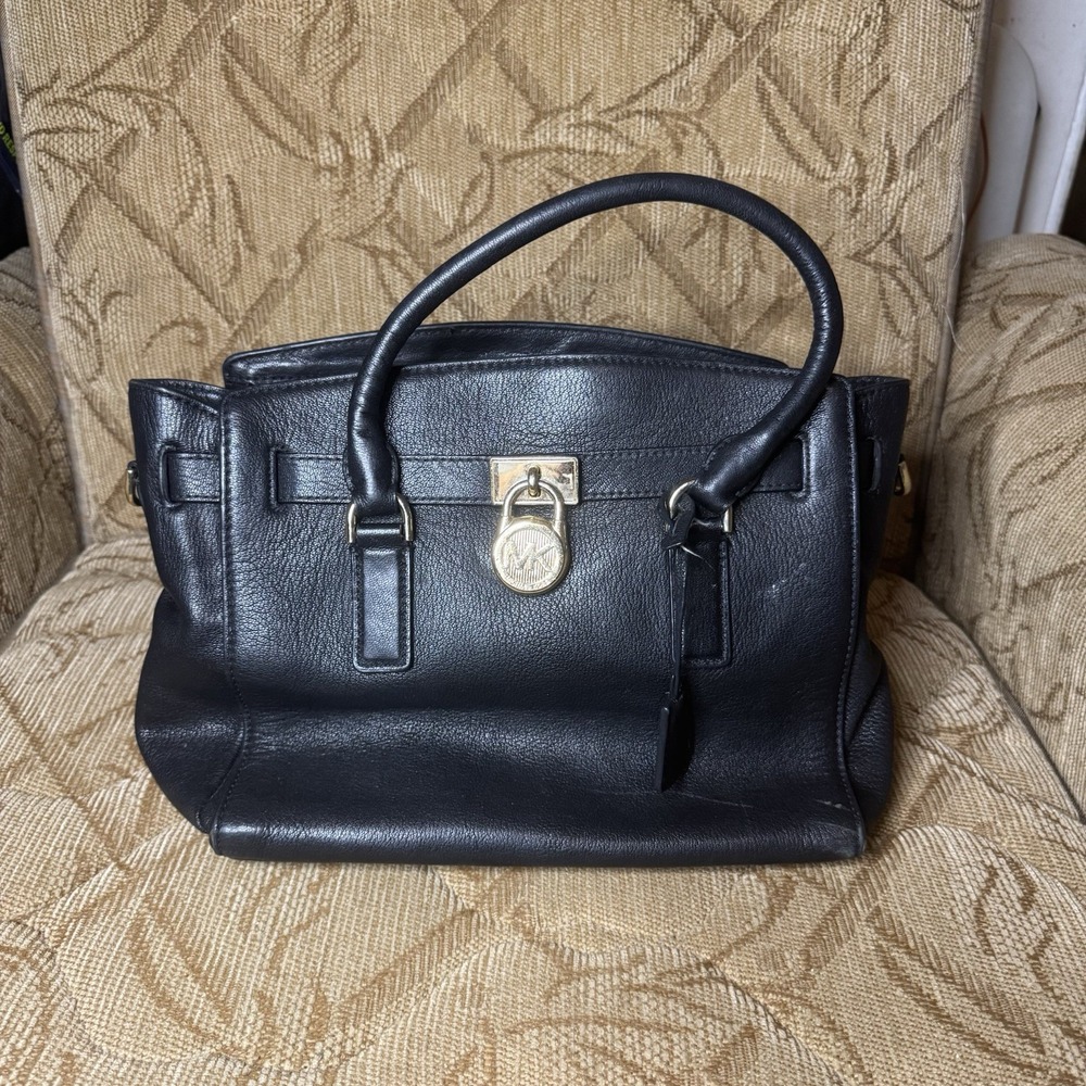 Michael‎ Kors Black Leather Hamilton Traveler LG Satchel Tote Houlder Bag